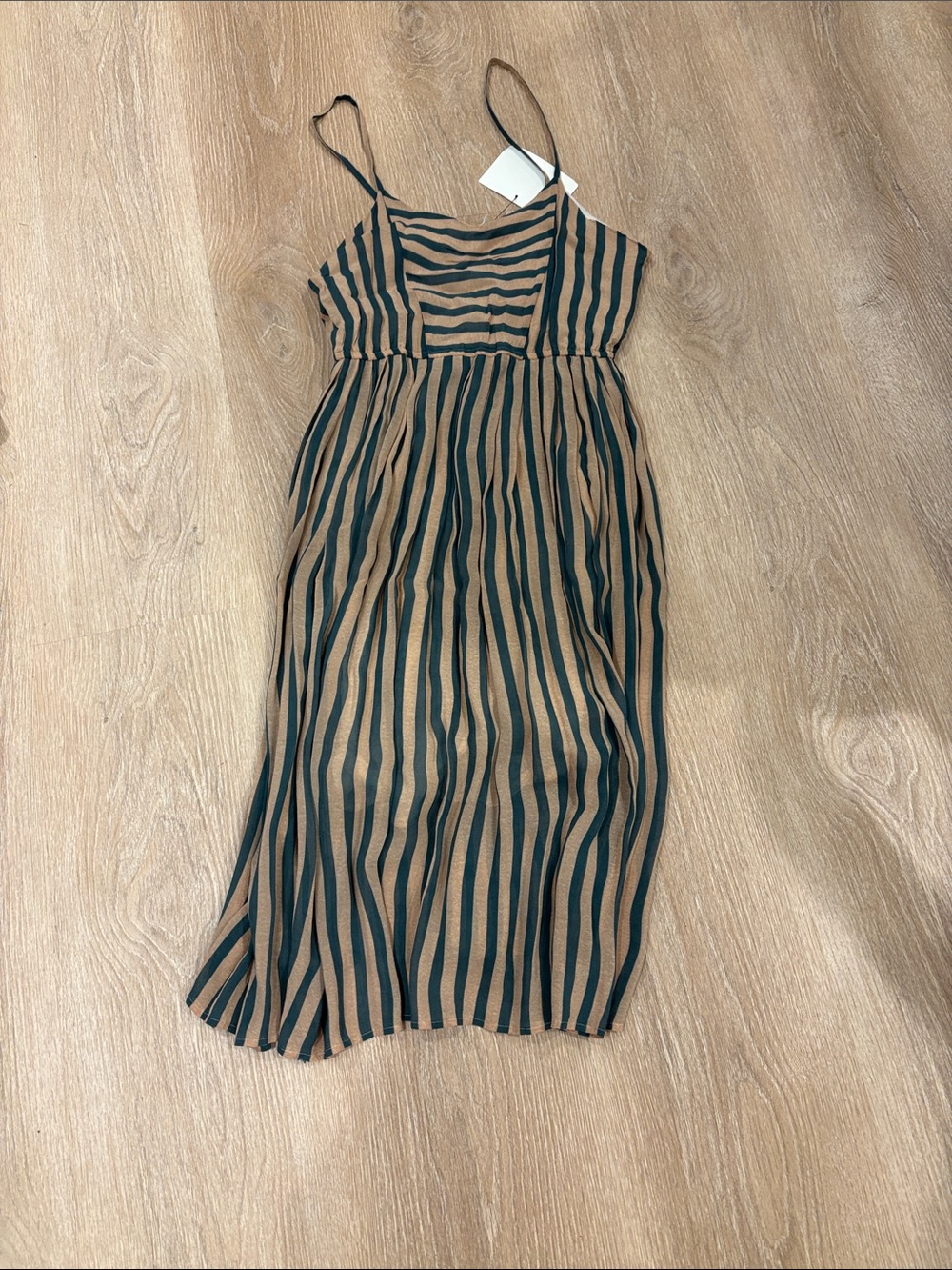 Striped Spaghetti-Strap Dress Tan Green Women Good III